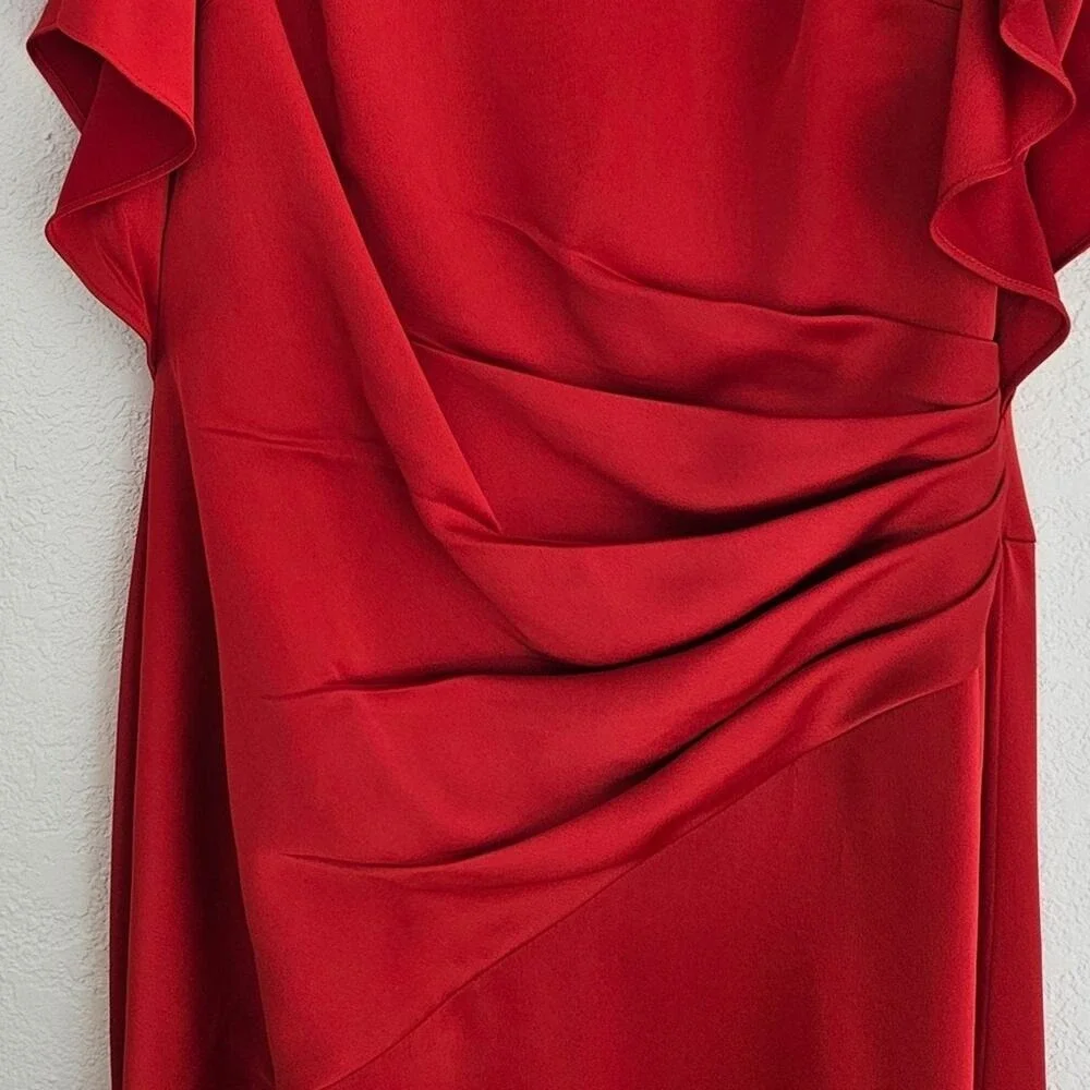 Theia Red Asymmetrical Ruched Flutter Sleeve Gown Size 8 Formal Event Black Tie